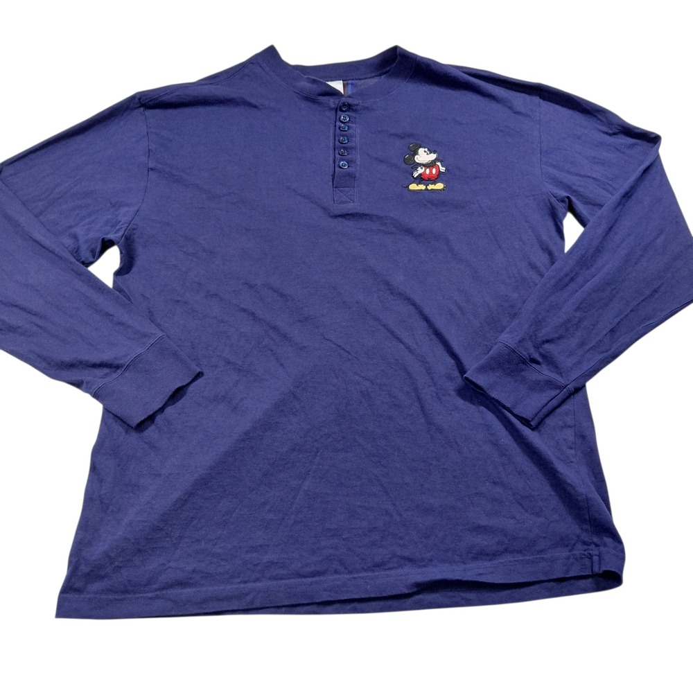 Disney Store Mickey Mouse Embroidered Henley Shirt Navy‎ Blue Long Sleeve Large
